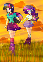 Size: 2211x3203 | Tagged: source needed, useless source url, safe, artist:derpyramone, part of a set, rarity, twilight sparkle, equestria girls, g4, clothes, cloud, crepuscular rays, fanfic art, female, field, grass, high res, holding hands, human coloration, lesbian, melancholy, outdoors, ship:rarilight, shipping, skirt, sunset, twilight sparkle (alicorn)