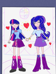 Size: 1944x2592 | Tagged: safe, artist:derpyramone, part of a set, rarity, twilight sparkle, human, g4, clothes, drawing, equestria girls outfit, fanfic art, female, fridge art (literally), happy, holding hands, human coloration, humanized, lesbian, paper, sheet, ship:rarilight, shipping, skirt