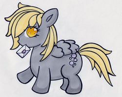 Size: 1024x819 | Tagged: safe, artist:inkytentaclemonster, derpy hooves, pegasus, pony, g4, chibi, chubby, cute, cutie mark, envelope, female, heart eyes, letter, mailmare, mare, mouth hold, solo, wingding eyes