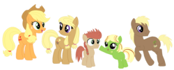 Size: 1303x527 | Tagged: safe, artist:berrypunchrules, applejack, coco crusoe, oc, oc:apple harvest, oc:coconut milk, oc:russel, g4, family, female, male, next generation, offspring, parent:applejack, parent:coco crusoe, parents:cocojack, simple background, straight, transparent background