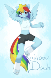 Size: 1302x1989 | Tagged: safe, artist:tesslashy, rainbow dash, anthro, unguligrade anthro, g4, anatomically incorrect, armpits, belly button, clothes, cute, cutie mark, cutie mark on clothes, female, flying, hoof shoes, incorrect leg anatomy, midriff, shoes, shorts, socks, solo, tank top
