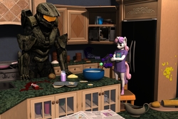 Size: 3000x2000 | Tagged: safe, artist:tahublade7, fluttershy, gilda, sweetie belle, anthro, plantigrade anthro, g4, 3d, chief and belle, cooking, crossover, daz studio, halo (series), high res, master chief, oh no, plasma pistol, this will end in tears, this will not end well, weapon, xk-class end-of-the-kitchen scenario