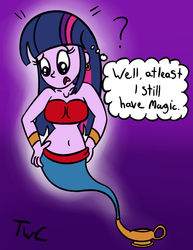 Size: 500x647 | Tagged: safe, artist:tellytoon, artist:tellywebcartoons, twilight sparkle, genie, human, equestria girls, g4, 30 minute art challenge, armband, bandeau, belly button, ear piercing, earring, female, geniefied, humanized, jewelry, midriff, piercing, question mark, solo, thought bubble, waistband