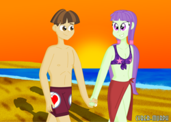 Size: 4134x2936 | Tagged: safe, artist:cyber-murph, starlight, wiz kid, equestria girls, g4, background human, beach, belly button, bikini, breasts, cleavage, clothes, delicious flat chest, female, front knot midriff, holding hands, male, midriff, sarong, shipping, small head, straight, sunset, swimsuit, topless, wizlight