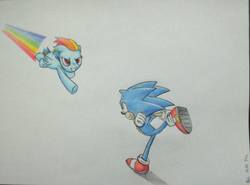 Size: 1250x925 | Tagged: safe, artist:rchaos, rainbow dash, g4, crossover, male, sonic the hedgehog, sonic the hedgehog (series), traditional art
