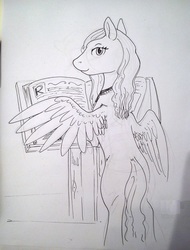Size: 1280x1681 | Tagged: safe, artist:php64, oc, oc only, pegasus, pony, book, looking at you, monochrome, solo, traditional art