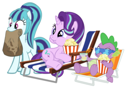 Size: 2752x1888 | Tagged: safe, artist:masem, artist:themexicanpunisher, artist:xebck, sonata dusk, spike, starlight glimmer, dragon, earth pony, pony, unicorn, :t, beach chair, chair, crazy straw, cute, drink, eating, female, food, male, mare, mouth hold, nom, on side, paper bag, ponified, popcorn, puffy cheeks, simple background, sitting, smiling, sonatabetes, sonataco, standing, straw, sunglasses, taco, white background