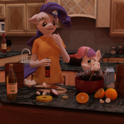 Size: 2000x2000 | Tagged: safe, artist:tahublade7, rarity, sweetie belle, anthro, g4, 3d, apple, clothes, cooking, daz studio, egg (food), food, high res, ketchup, kitchen, milk, olive oil, onion, orange, panties, pineapple, sauce, t-shirt, this will end in fire, tomato, underwear