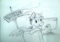 Size: 1280x894 | Tagged: safe, artist:php64, oc, oc only, pegasus, pony, fedora, hat, keyboard scythe, monochrome, solo, traditional art