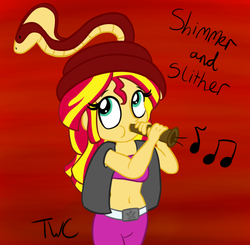 Size: 500x490 | Tagged: safe, artist:tellytoon, artist:tellywebcartoons, sunset shimmer, cobra, snake, equestria girls, g4, 30 minute art challenge, belly button, belly dancer, midriff, pet, snake charming