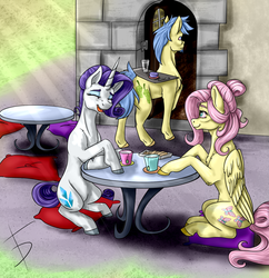 Size: 1622x1679 | Tagged: safe, artist:fullmoondagger, fluttershy, goldengrape, rarity, sir colton vines iii, earth pony, pegasus, pony, unicorn, g4, cafe, chest fluff, cookie, crepuscular rays, female, food, male, mare, pillow, sitting, stallion, table, teacup