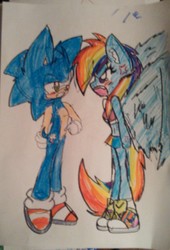 Size: 1117x1641 | Tagged: safe, artist:xamy-the-hedgiex, rainbow dash, anthro, plantigrade anthro, g4, crossover, cutie mark, male, sonic the hedgehog, sonic the hedgehog (series), tattoo, traditional art
