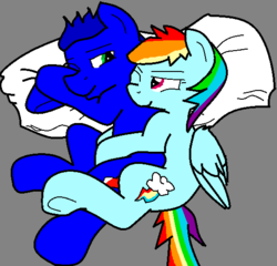 Size: 542x521 | Tagged: safe, artist:twidash-ftw, rainbow dash, g4, crossover, crossover shipping, cuddling, female, interspecies, male, pillow, ponified, shipping, snuggling, sonic the hedgehog, sonic the hedgehog (series), sonicdash, spooning, straight