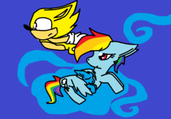 Size: 1024x712 | Tagged: safe, artist:sonicxxxamy, rainbow dash, oc, unnamed oc, pony, g4, 1000 hours in ms paint, crossover, male, sonic the hedgehog, sonic the hedgehog (series), super sonic