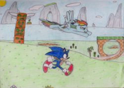 Size: 823x587 | Tagged: safe, artist:yotesgames, rainbow dash, g4, crossover, green hill zone, male, sonic the hedgehog, sonic the hedgehog (series), traditional art