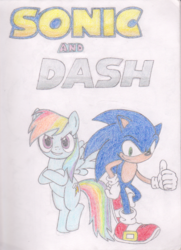 Size: 1186x1640 | Tagged: safe, artist:yotesgames, rainbow dash, g4, crossover, male, sonic the hedgehog, sonic the hedgehog (series), traditional art