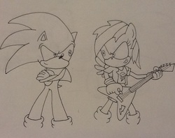 Size: 908x720 | Tagged: safe, artist:artking3000, rainbow dash, anthro, g4, crossover, flying v, guitar, male, monochrome, musical instrument, sonic the hedgehog, sonic the hedgehog (series), sonicified, traditional art
