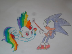 Size: 1024x768 | Tagged: safe, artist:turtleponyninja1, rainbow dash, g4, crossover, food, hot dog, male, meat, sausage, sonic the hedgehog, sonic the hedgehog (series), super rainbow dash, traditional art