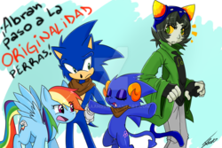 Size: 1024x683 | Tagged: safe, artist:zemkaah95, rainbow dash, oc, oc:soidnow, hedgehog, pegasus, pony, anthro, g4, crossover, female, homestuck, male, mare, nepeta leijon, sonic boom, sonic the hedgehog, sonic the hedgehog (series), spanish, troll (homestuck), watermark