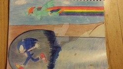 Size: 1280x720 | Tagged: safe, artist:pikuec, rainbow dash, g4, crossover, male, sonic the hedgehog, sonic the hedgehog (series), traditional art, watermark