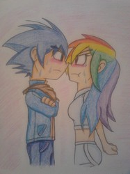 Size: 1936x2592 | Tagged: safe, artist:solarsonic21, rainbow dash, human, g4, blushing, crossover, female, humanized, interspecies, male, midriff, present, shipping, sonic the hedgehog, sonic the hedgehog (series), sonicdash, straight, traditional art, tsunderainbow, tsundere