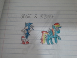 Size: 2560x1920 | Tagged: safe, artist:darkthundah3600, rainbow dash, g4, crossover, lined paper, male, sonic the hedgehog, sonic the hedgehog (series), traditional art