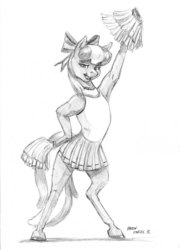 Size: 1100x1527 | Tagged: safe, artist:baron engel, cheerilee, pony, g4, the cart before the ponies, armpits, bipedal, cheerileeder, cheerleader, clothes, hair bow, monochrome, pencil drawing, pleated skirt, pom pom, skirt, traditional art