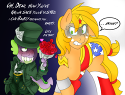 Size: 2671x2035 | Tagged: safe, artist:blackbewhite2k7, applejack, spike, g4, batman, crazy face, crossover, delusion, disgusted, faic, female, flower, high res, insanity, jervis tetch, mad hatter, male, rose, ship:applespike, shipping, speechless, straight, wonder woman, wonderjack