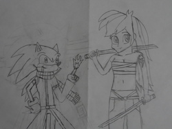 Size: 1024x768 | Tagged: safe, artist:brandonale, rainbow dash, equestria girls, g4, clothes, cosplay, costume, crossover, erza scarlett, fairy tail, male, monochrome, natsu dragneel, sonic the hedgehog, sonic the hedgehog (series), traditional art