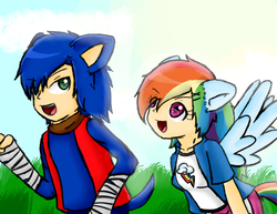 Size: 1380x1064 | Tagged: safe, artist:nanidraw, rainbow dash, human, g4, clothes, crossover, eared humanization, equestria girls outfit, humanized, male, sonic boom, sonic the hedgehog, sonic the hedgehog (series), tailed humanization, winged humanization