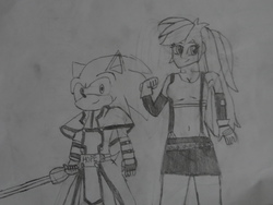 Size: 1024x768 | Tagged: safe, artist:brandonale, rainbow dash, equestria girls, g4, clothes, cosplay, costume, crossover, final fantasy, final fantasy vii, guilty gear, ky kiske, male, monochrome, sonic the hedgehog, sonic the hedgehog (series), tifa lockhart, traditional art