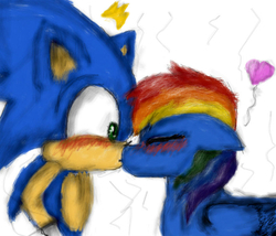 Size: 408x350 | Tagged: safe, artist:evabronyloveart, rainbow dash, pony, g4, blushing, crossover, female, heart, interspecies, kissing, male, shipping, sonic the hedgehog, sonic the hedgehog (series), sonicdash, straight