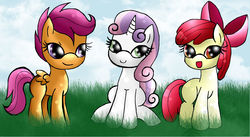 Size: 2284x1249 | Tagged: safe, artist:gerardwei, apple bloom, scootaloo, sweetie belle, g4, adorabloom, cute, cutealoo, cutie mark crusaders, diasweetes, grass, looking at you, sitting