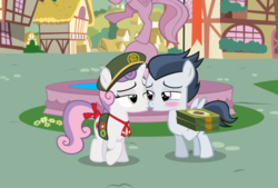 Size: 1508x1018 | Tagged: safe, artist:lunaticdawn, rumble, sweetie belle, g4, bedroom eyes, blushing, cookie, cutie mark, female, filly guides, food, imminent kissing, male, ship:rumbelle, shipping, straight, the cmc's cutie marks, trade