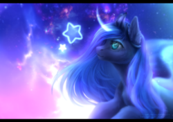 Size: 1505x1057 | Tagged: safe, artist:rrusha, princess luna, alicorn, pony, g4, chest fluff, ear fluff, female, fluffy, letterboxing, magic, mare, solo, space, stars, tangible heavenly object