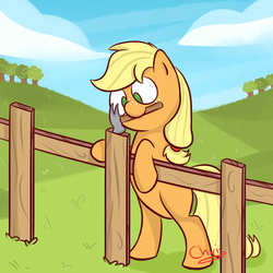 Size: 1000x1000 | Tagged: safe, artist:chrisrainicorn, applejack, earth pony, pony, g4, bipedal, bipedal leaning, female, fence, hammer, hatless, missing accessory, mouth hold, newbie artist training grounds, solo