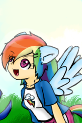 Size: 711x1064 | Tagged: safe, artist:nanidraw, edit, rainbow dash, human, g4, clothes, cropped, eared humanization, equestria girls outfit, female, humanized, solo, tailed humanization, winged humanization