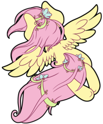 Size: 2783x3349 | Tagged: safe, artist:cutepencilcase, fluttershy, g4, female, flower, flower in hair, flying, high res, rear view, simple background, solo, spread wings, transparent background