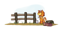 Size: 2900x1500 | Tagged: safe, artist:heir-of-rick, applejack, g4, big ears, ear fluff, female, fence, hammer, impossibly large ears, mouth hold, newbie artist training grounds, repairing, solo
