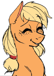 Size: 581x821 | Tagged: safe, artist:strangiesleepy, applejack, g4, eyes closed, female, grin, simple background, smiling, solo