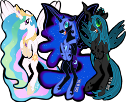 Size: 571x464 | Tagged: safe, artist:bright ink, nightmare moon, princess celestia, queen chrysalis, alicorn, changeling, changeling queen, pony, g4, crown, ethereal mane, fangs, female, helmet, jewelry, regalia, trio