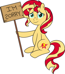 Size: 4654x5311 | Tagged: safe, artist:sugar-loop, sunset shimmer, pony, unicorn, g4, absurd resolution, apology, female, hoof hold, looking at you, mare, mending, newbie artist training grounds, sign, simple background, sitting, smiling, solo, sorry, transparent background