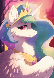 Size: 701x1001 | Tagged: safe, artist:hioshiru, princess celestia, alicorn, pony, g4, beautiful, bust, canterlot, chest fluff, crown, cute, cutelestia, ear fluff, example, feather, female, fluffy, grin, jewelry, lidded eyes, looking at you, mare, necklace, regalia, smiling, solo, sparkles, tree, wings