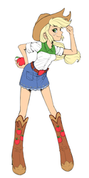 Size: 1500x3000 | Tagged: safe, artist:jud, applejack, human, equestria girls, g4, apple, applejack's hat, belt, boots, clothes, cowboy hat, cute, female, food, freckles, hand on hip, hat, humanized, jackabetes, looking at you, pixiv, shirt, shoes, simple background, skirt, smiling, solo, white background