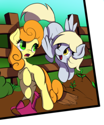 Size: 1041x1250 | Tagged: safe, artist:klemm, carrot top, derpy hooves, golden harvest, pegasus, pony, g4, female, fence, mare, newbie artist training grounds