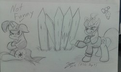 Size: 1280x768 | Tagged: safe, artist:zemer, moondancer, twilight sparkle, g4, fence, glasses off, monochrome, traditional art