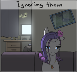 Size: 579x543 | Tagged: safe, artist:arareroll, rarity, oc, oc:anon, duck, human, pony, unicorn, g4, ashtray, cans, cigarette, computer, desk, doing hurtful things, female, floppy ears, flower, flower in hair, jewelry, mare, necklace, picture, sad, solo