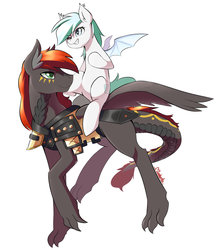 Size: 1280x1476 | Tagged: safe, artist:oloxbangxolo, oc, oc only, oc:hawke moonstrider, oc:sweet dreams, bat pony, dracony, hybrid, kirin, pony, armor, riding