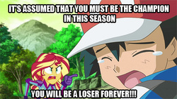 Size: 500x281 | Tagged: safe, edit, edited screencap, screencap, sunset shimmer, equestria girls, g4, my little pony equestria girls: friendship games, ash ketchum, caption, hilarious in hindsight, no longer true, pokémon, pokémon x and y, spoilers for another series, sunset yells at twilight