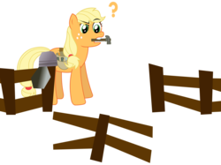Size: 4972x3721 | Tagged: safe, artist:sketchmcreations, applejack, g4, female, fence, hammer, inkscape, mouth hold, paper mario, simple background, solo, toolbelt, transparent background, vector